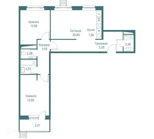 Планировка 3 комн. в ЖК "Одинбург"