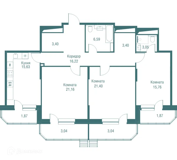 Планировка 3 комн. в ЖК "Одинбург"