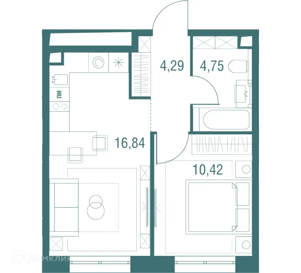 Планировка 1 комн. в ЖК "Одинбург"