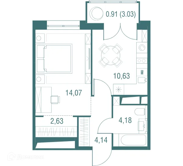 Планировка 1 комн. в ЖК "Одинбург"