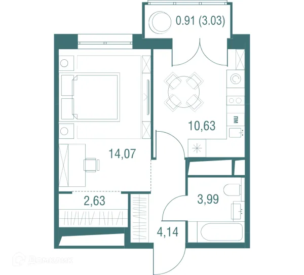 Планировка 1 комн. в ЖК "Одинбург"