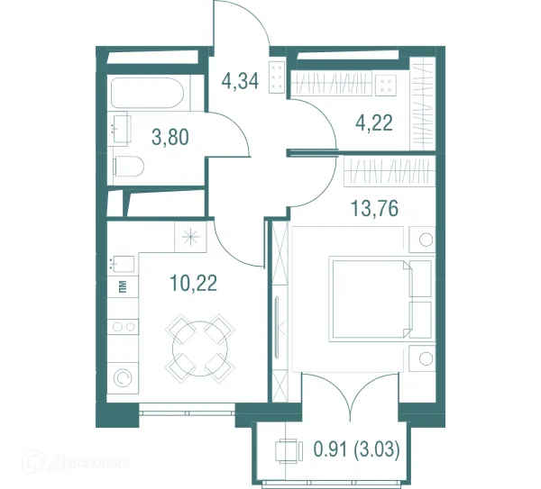 Планировка 1 комн. в ЖК "Одинбург"