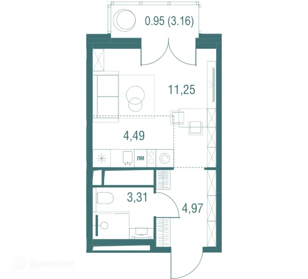 Планировка Студия в ЖК "Одинбург"