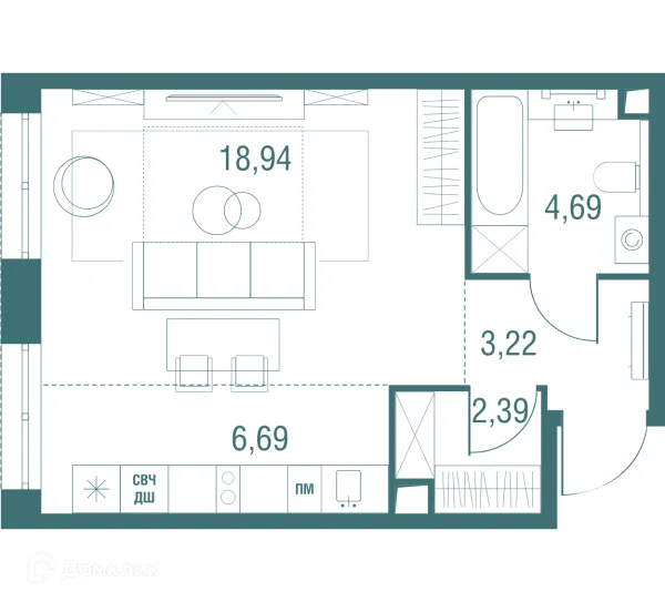 Планировка Студия в ЖК "Одинбург"