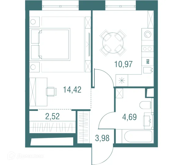 Планировка 1 комн. в ЖК "Одинбург"