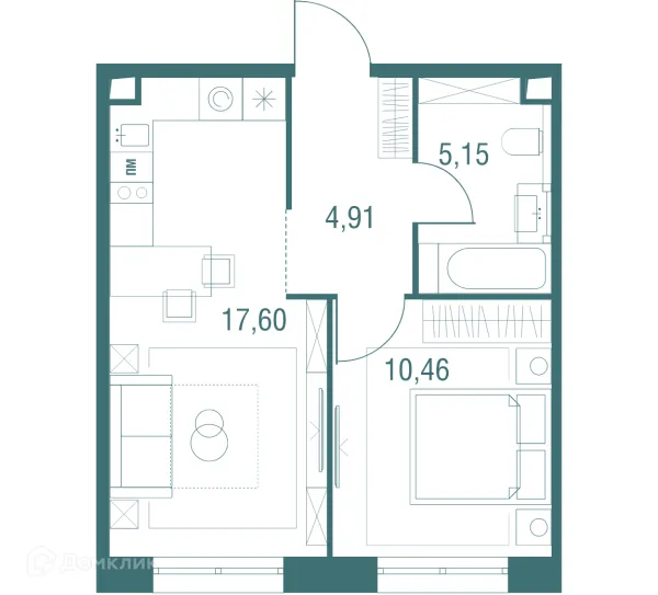 Планировка 1 комн. в ЖК "Одинбург"