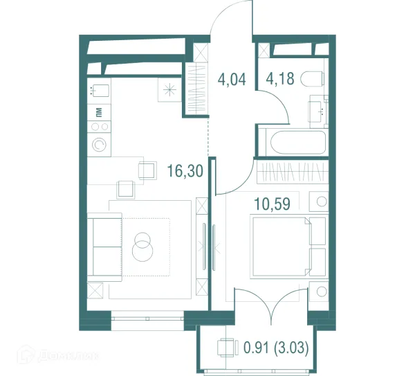 Планировка 1 комн. в ЖК "Одинбург"