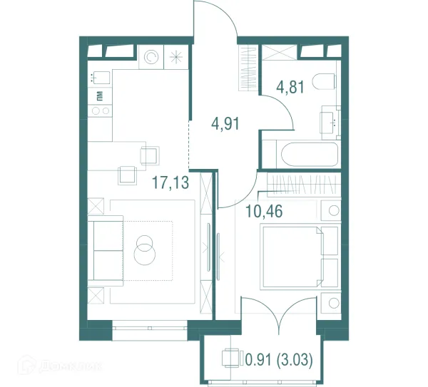 Планировка 1 комн. в ЖК "Одинбург"
