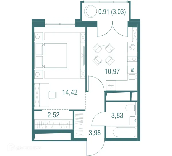 Планировка 1 комн. в ЖК "Одинбург"