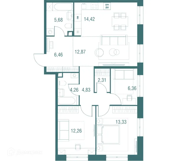 Планировка 4 комн. в ЖК "Одинбург"