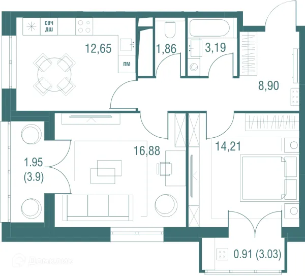 Планировка 2 комн. в ЖК "Одинбург"