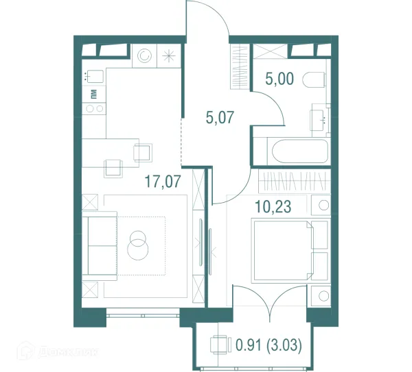 Планировка 1 комн. в ЖК "Одинбург"
