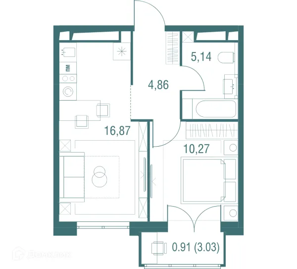 Планировка 1 комн. в ЖК "Одинбург"