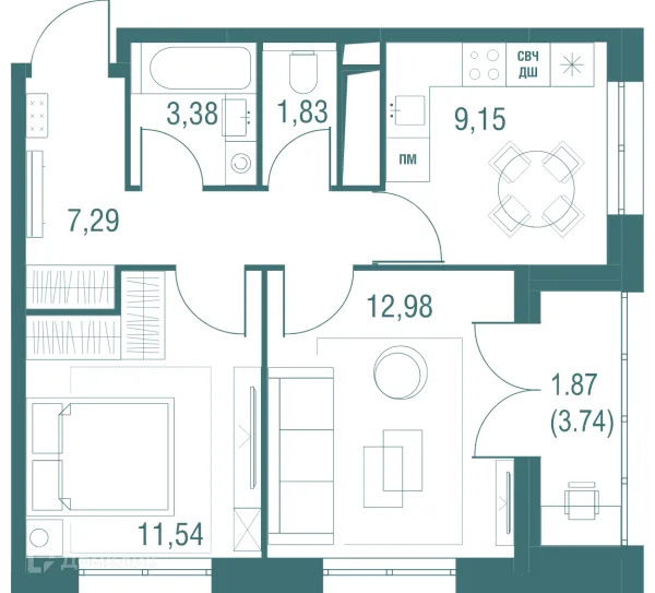 Планировка 2 комн. в ЖК "Одинбург"