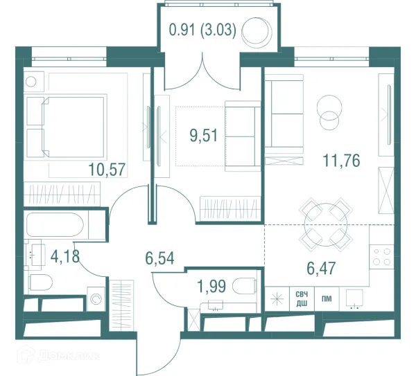 Планировка 3 комн. в ЖК "Одинбург"