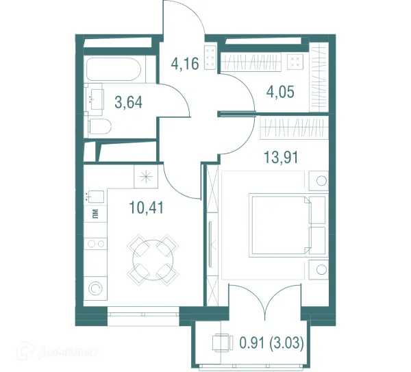 Планировка 1 комн. в ЖК "Одинбург"