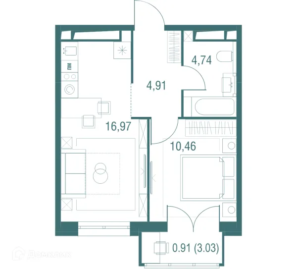 Планировка 1 комн. в ЖК "Одинбург"