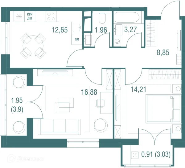 Планировка 2 комн. в ЖК "Одинбург"