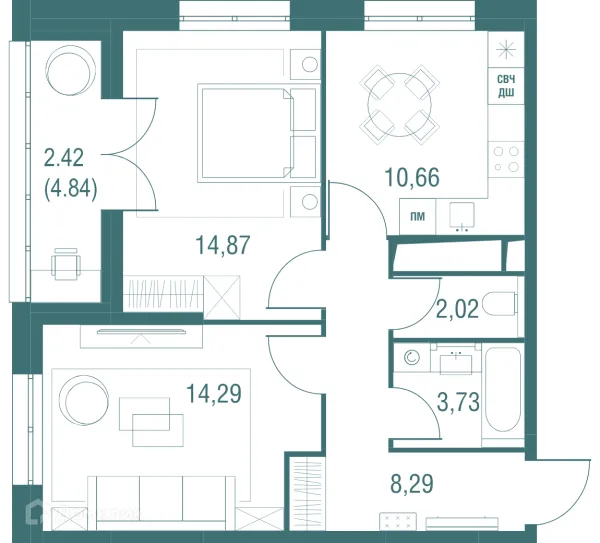 Планировка 2 комн. в ЖК "Одинбург"