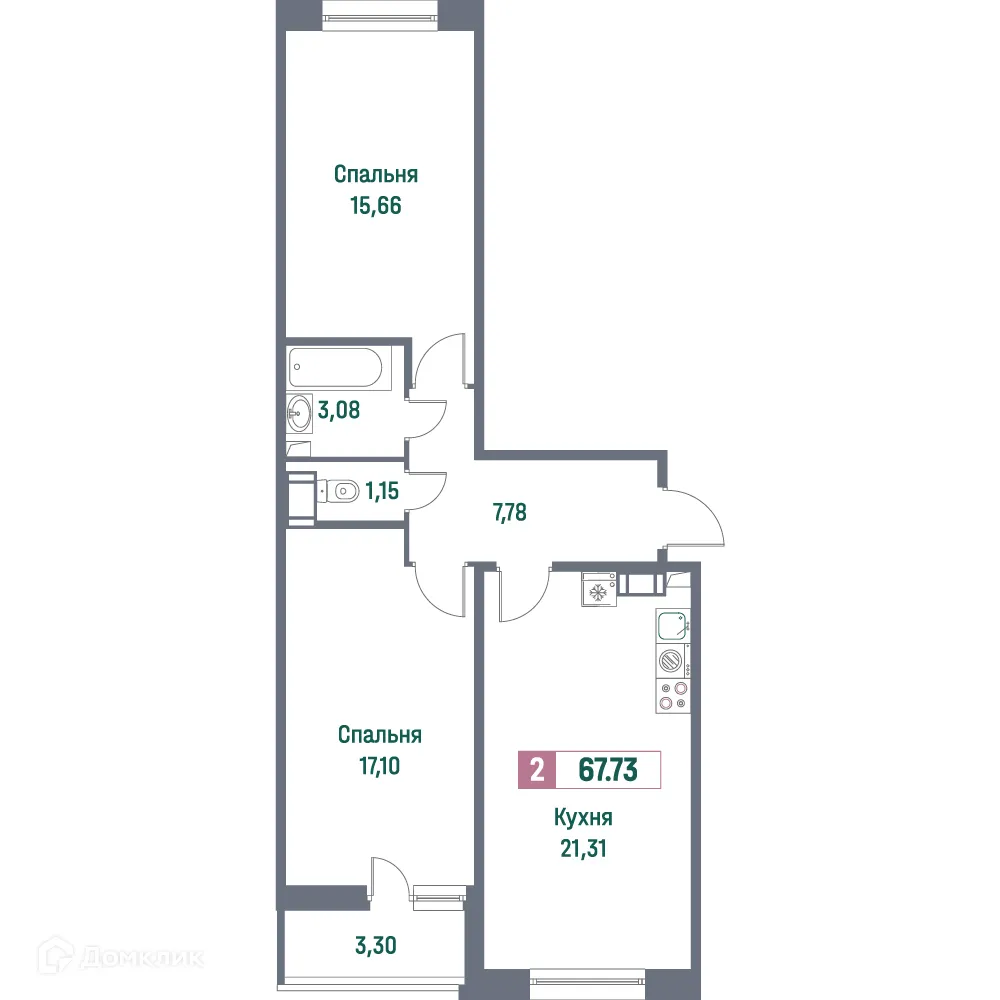 Планировка 2-комнатной квартиры 67.73 м² в ЖК "Фотограф", г. Мурино — фото 1