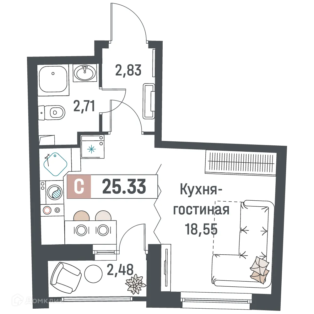 Планировка студии квартиры 25.33 м² в ЖК "Авиатор", г. Мурино — фото 1