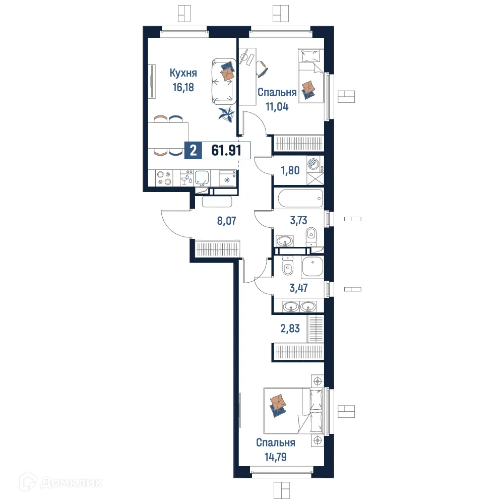 Планировка 2-комнатной квартиры 61.91 м² в ЖК Максималист, г. Мурино — фото 1