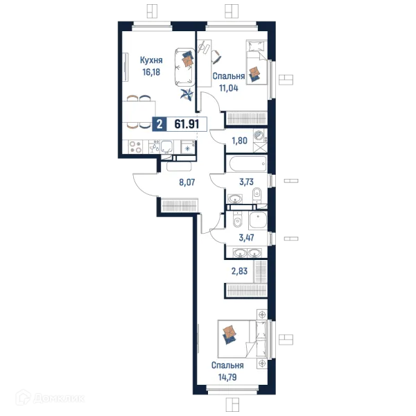 Планировка 2 комн. в ЖК Максималист
