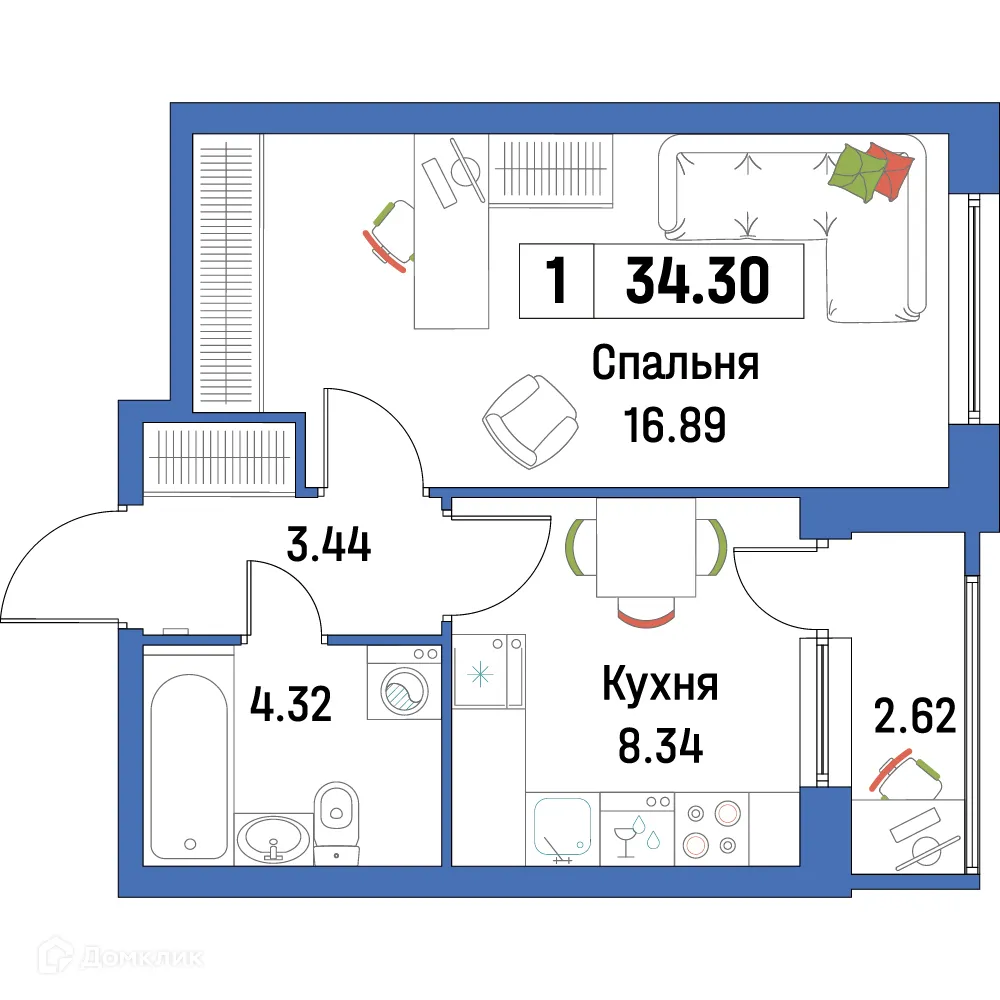 Планировка 1-комнатной квартиры 34.3 м² в ЖК "Урбанист-2", г. Мурино — фото 1