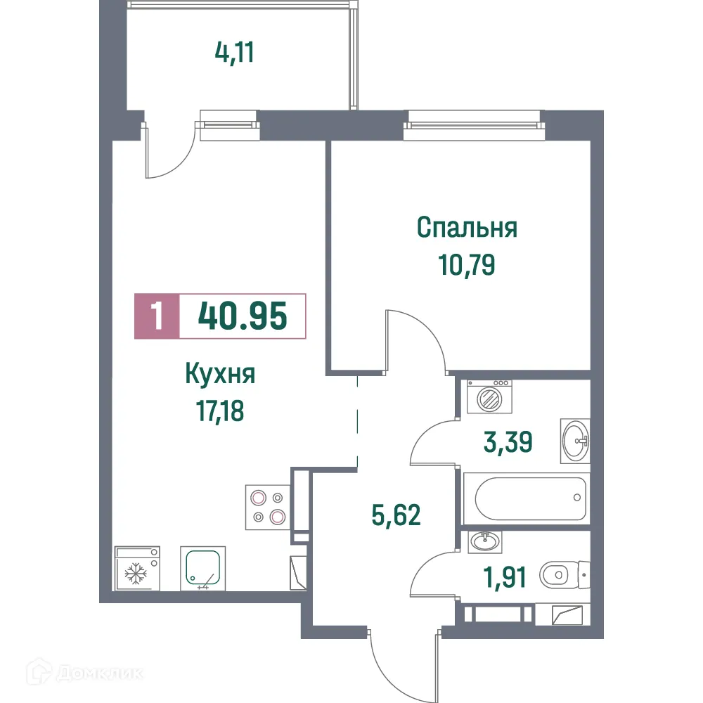 Планировка 1-комнатной квартиры 40.95 м² в ЖК "Фотограф", г. Мурино — фото 1