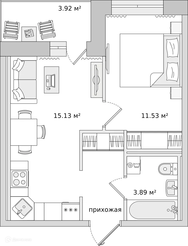 Планировка 1-комнатной квартиры 34.7 м² в ЖК ЦДС "Северный", г. Мурино — фото 1