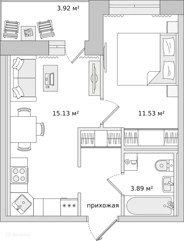 Планировка 1 комн. в ЖК ЦДС "Северный"