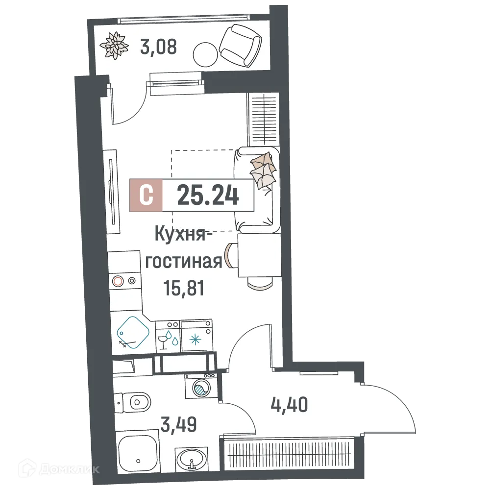 Планировка студии квартиры 25.24 м² в ЖК "Авиатор", г. Мурино — фото 1