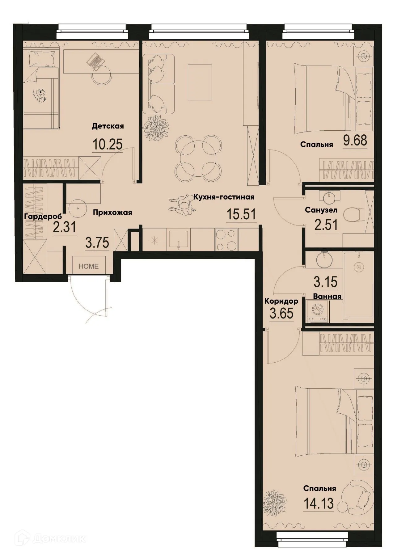 Планировка 3-комнатной квартиры 64.94 м² в ЖК ID Murino III (Ай ди Мурино III), г. Мурино — фото 1