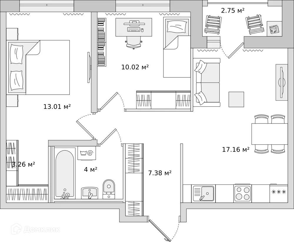 Планировка 2-комнатной квартиры 54 м² в ЖК "Мурино Space (Мурино Спэйс)", г. Мурино — фото 1