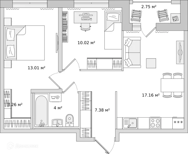 Планировка 2 комн. в ЖК "Мурино Space (Мурино Спэйс)"