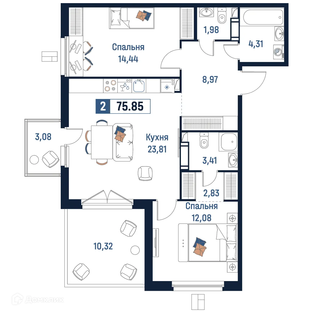 Планировка 2-комнатной квартиры 75.85 м² в ЖК Максималист, г. Мурино — фото 1