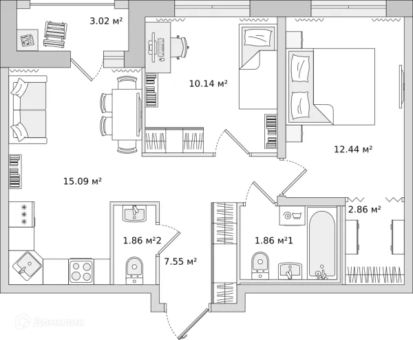 Планировка 2 комн. в ЖК "Мурино Space (Мурино Спэйс)"