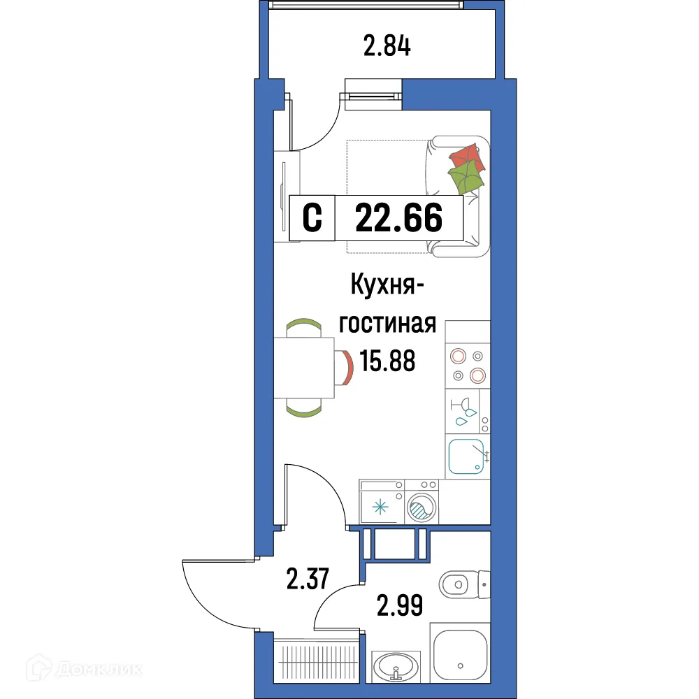 Планировка студии квартиры 22.66 м² в ЖК "Урбанист-2", г. Мурино — фото 1