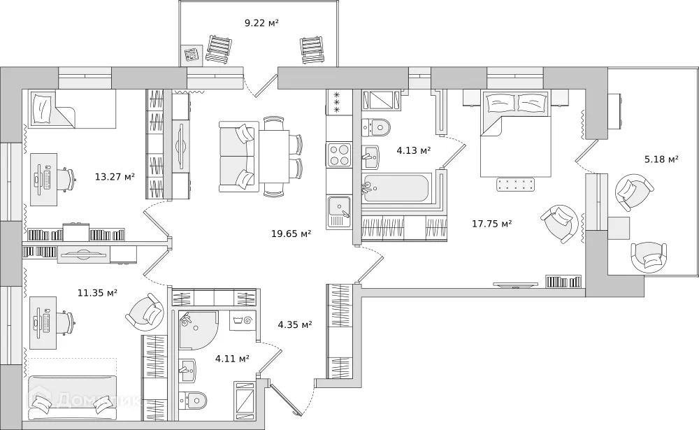 Планировка 3-комнатной квартиры 74.7 м² в ЖК ЦДС "Северный", г. Мурино — фото 1
