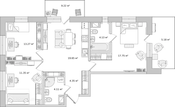 Планировка 3 комн. в ЖК ЦДС "Северный"