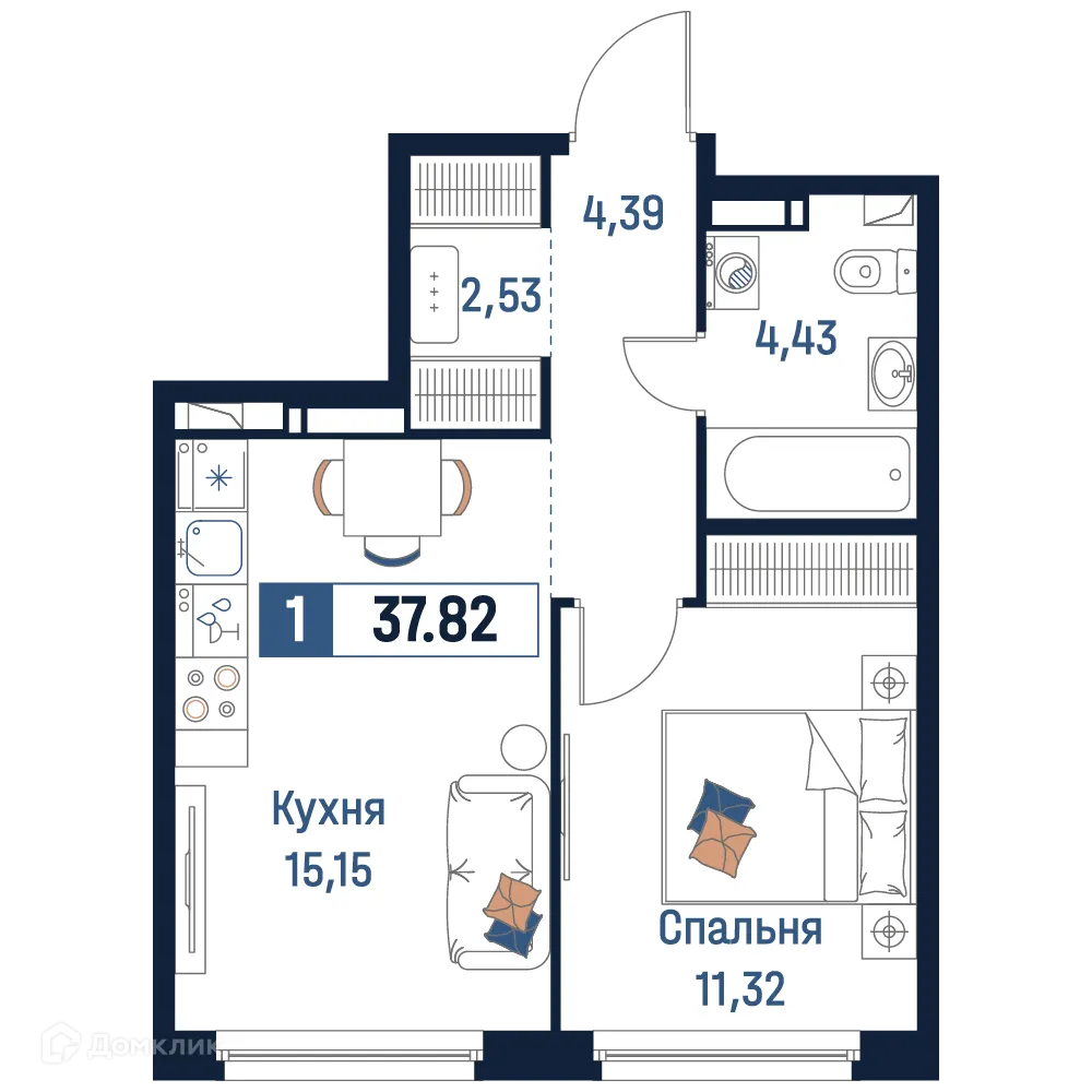 Планировка 1-комнатной квартиры 37.82 м² в ЖК Максималист, г. Мурино — фото 1