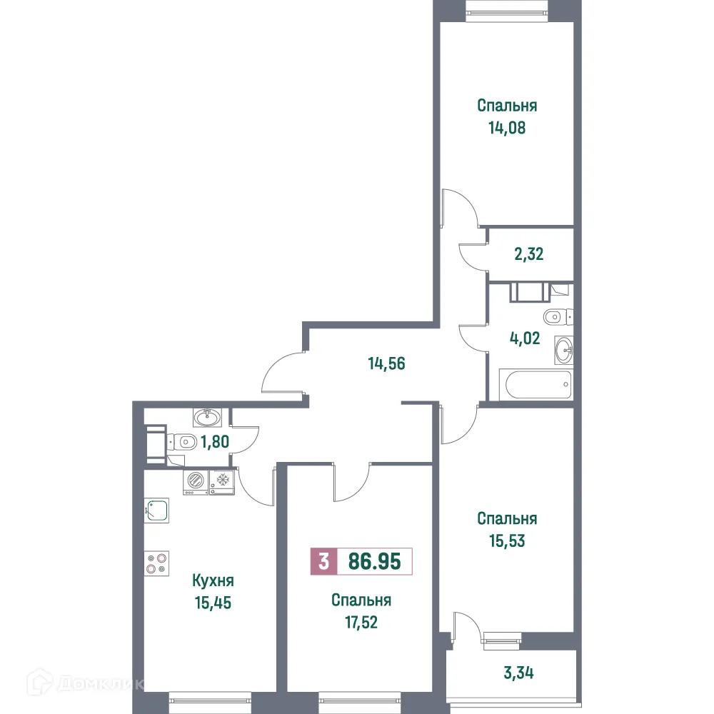 Планировка 3-комнатной квартиры 86.95 м² в ЖК "Фотограф", г. Мурино — фото 1