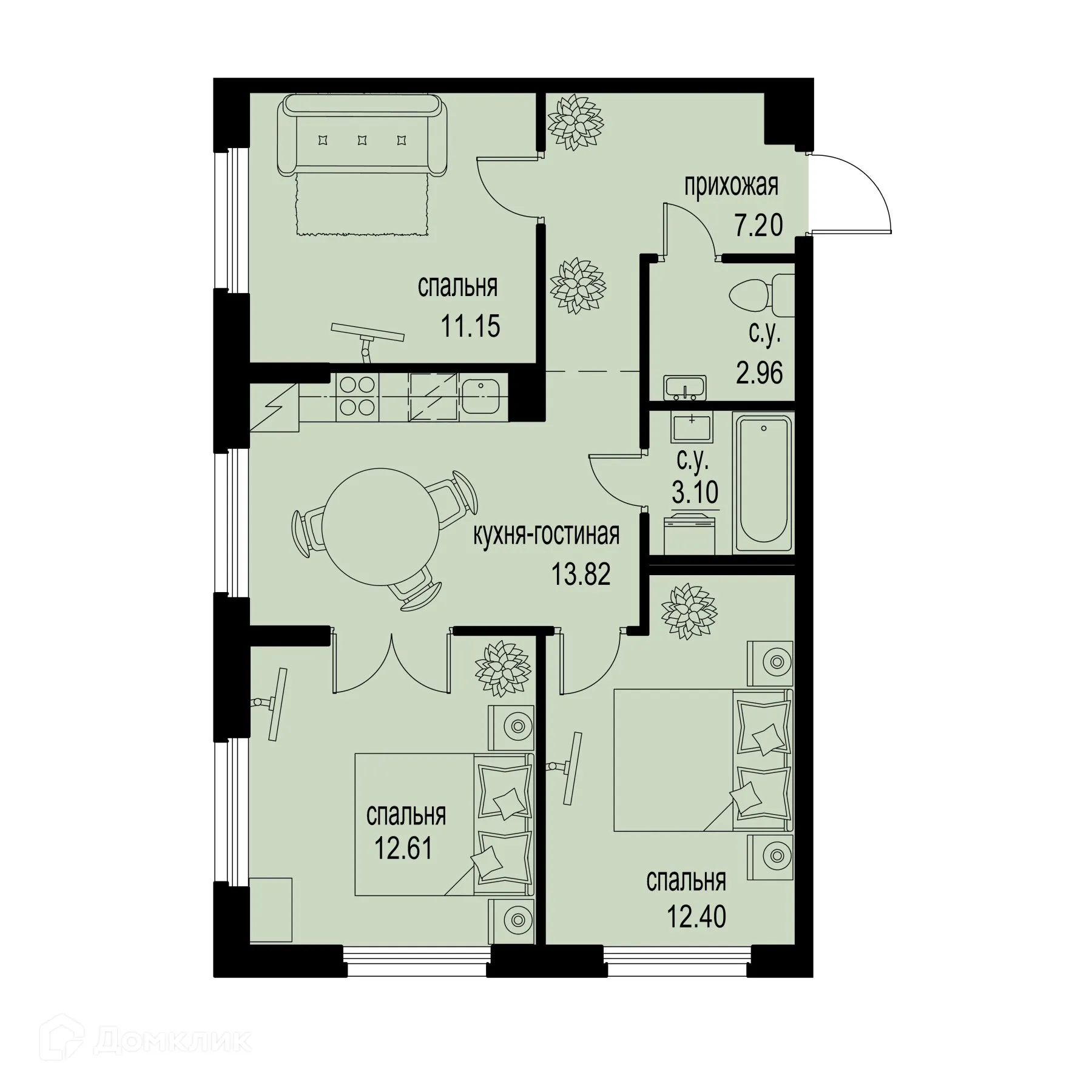 Планировка 3-комнатной квартиры 63.24 м² в ЖК ID Murino III (Ай ди Мурино III), г. Мурино — фото 1