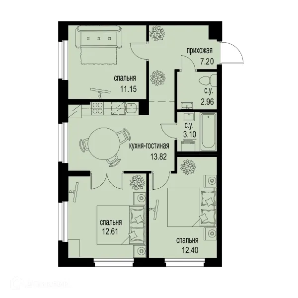 Планировка 3 комн. в ЖК ID Murino III (Ай ди Мурино III)