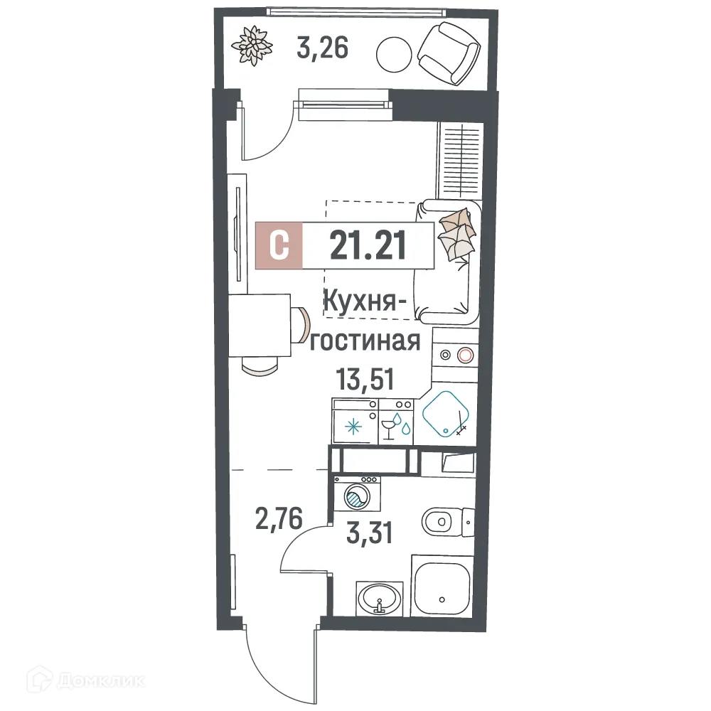 Планировка студии квартиры 21.21 м² в ЖК "Авиатор", г. Мурино — фото 1