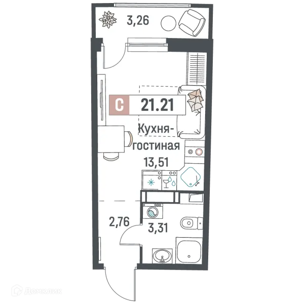 Планировка Студия в ЖК "Авиатор"