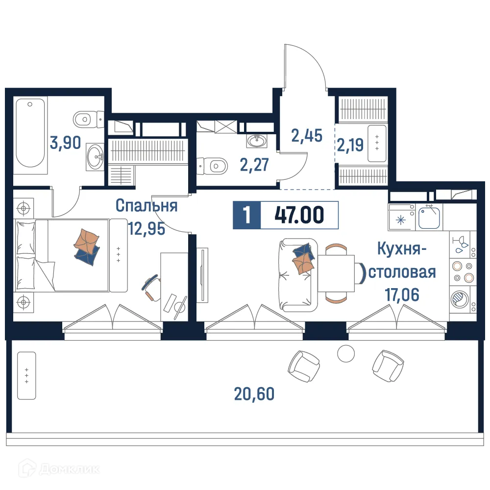 Планировка 1-комнатной квартиры 47 м² в ЖК Максималист, г. Мурино — фото 1