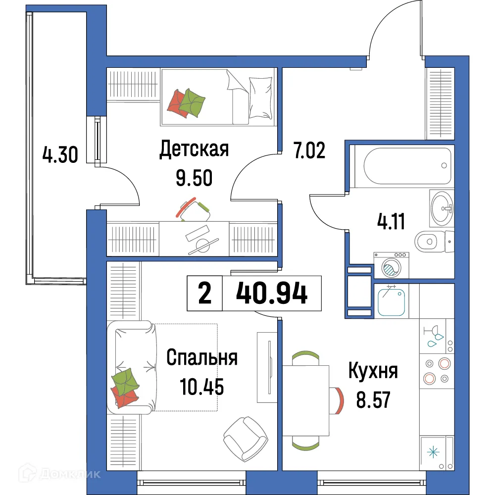 Планировка 2-комнатной квартиры 40.94 м² в ЖК "Урбанист-2", г. Мурино — фото 1