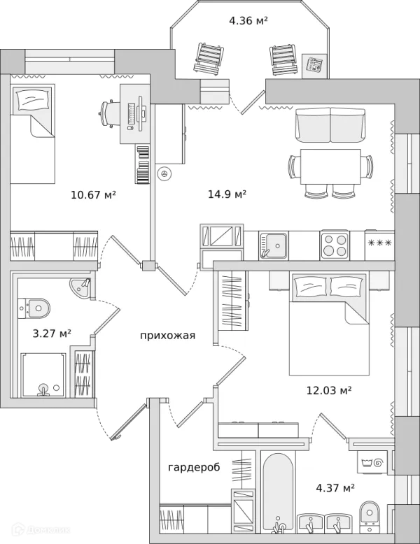 Планировка 2 комн. в ЖК ЦДС "Северный"