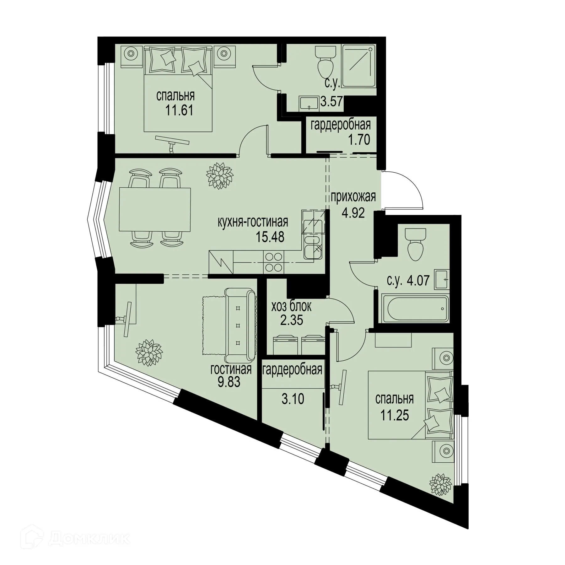 Планировка 3-комнатной квартиры 67.88 м² в ЖК ID Murino III (Ай ди Мурино III), г. Мурино — фото 1